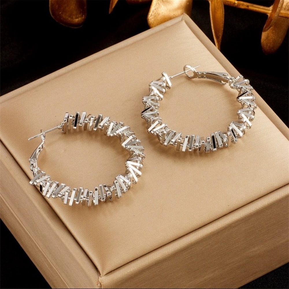 Sterling Silver Textured Hoop Earrings - Silver
